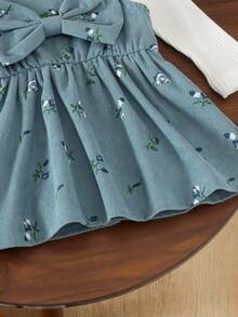 2pcs Baby Girl Cute Mori Style Long Sleeve Ribbed Romper & Printed Corduroy Dress With Headband Set, Spring/Autumn - Dusty Blue - View 11