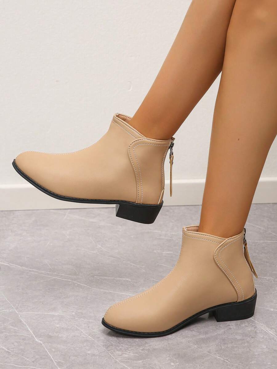 Women's Comfortable Round Toe Stitched Back Zipper Low Heel Khaki Ankle Boots Casual Style Autumn/Winter New Daily Wear - Khaki PU Surface - View 1