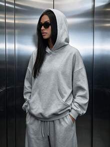 女款休閒抓絨內裡露口袋長版寬鬆連帽衛衣，秋冬日常上衣，秋冬戶外穿著 - 淺灰色 - 查看 7