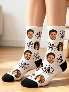 Customized Face LOVE Print Socks, Personalized Couple Photo Mid-Calf Socks, Unique Romantic Customized Gift Socks - White - View 3