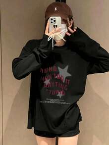 Women's Spring/Autumn Loose Fit Versatile Crew Neck Fashion Top Casual Graffiti Star Letter Print Comfortable Long Sleeve T-Shirt - Black - View 2