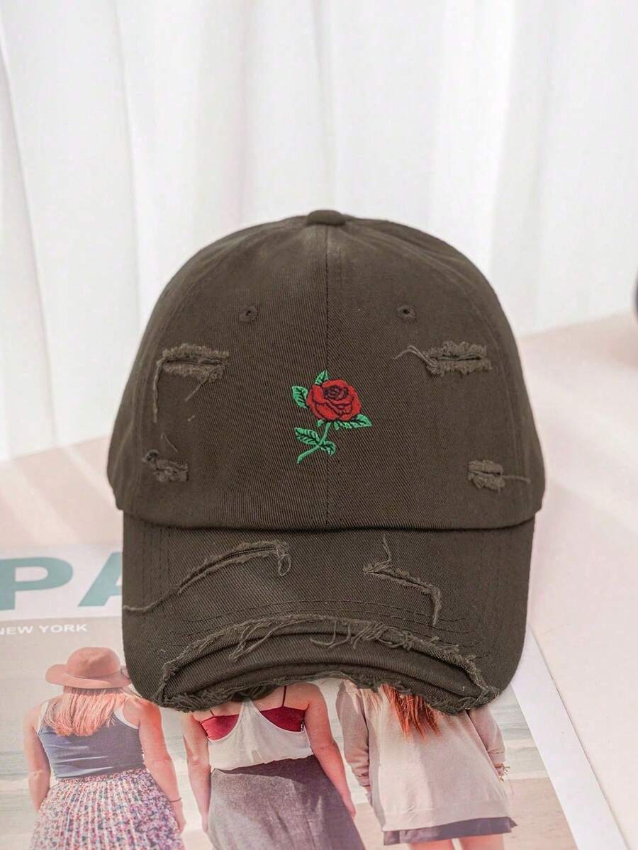 1件中性Y2K風格刺繡玫瑰做舊棒球帽，戶外防曬運動遮陽帽，適合運動、遮陽與日常通勤 - 咖啡 - 查看 1