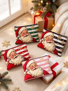 Double-Sided Printed Coin Purse/Organizer/Makeup Bag Featuring A Striped Santa Claus Pattern; Includes A Zipper And Is Lightweight And Portable Christmas Thanksgiving - Multicolor - View 1