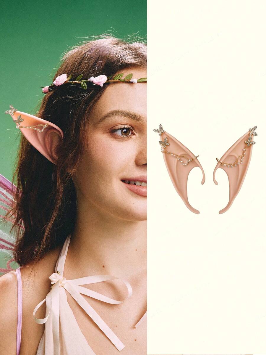 Popjeli Rhinestone Butterfly And Faux Pearl Decorated Earrings, Anime Party Costume Masquerade Accessories, Christmas Cosplay Vampire Fairy Ears Halloween - Pink - View 1