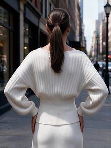 Women's Boat Neck Ribbed Knit Lantern Sleeve Cinched Waist Pullover Warm Sweater, Suitable For Autumn/Winter Daily Commute, Outings, Dates, Versatile, White - White - View 8