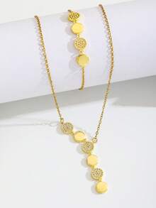 2pcs Gold Tone Round Disc Rhinestone Necklace Bracelet Set Sparkling Dainty Cute Kids Jewelry For Girls Birthday Party Back To School Daily Wear Gift - Gold - View 3