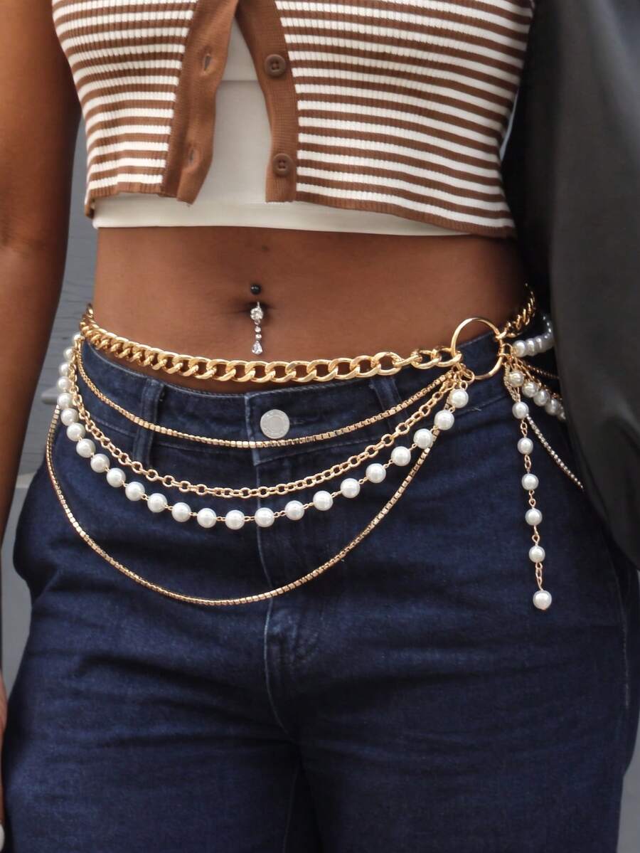 1pc Fashionable Vintage Elegant Versatile Multi-Layer Metal Chain Faux Pearl Body Chain Waist Chain For Daily Wear, Party, Evening Banquet, Gathering - Multicolor - View 1