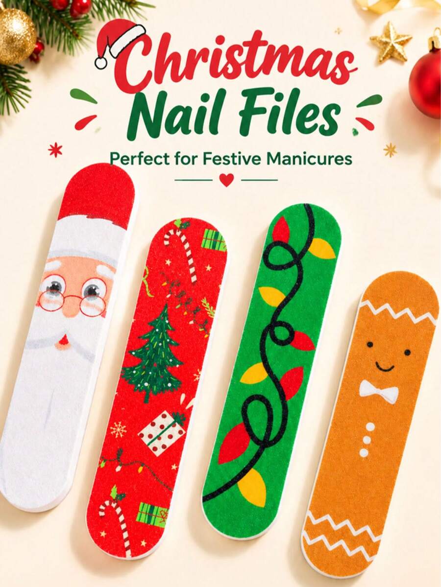 2/4/8pcs Christmas Nail Files, Mini Nail Buffers, Patterned Polishing & Grinding Nail Files, Christmas Gift, Manicure Tools, Easy To Use And Portable - Multicolor - View 1