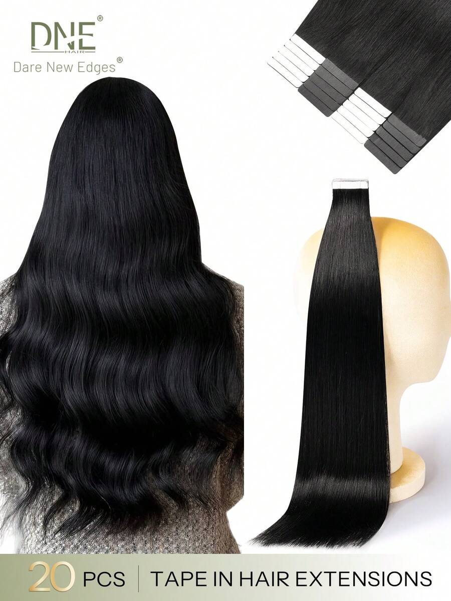 DNE HAIR 20pcs Tape-In Hair Extensions 100% Human Hair #1 Pure Black 12-22 Inches Silky Straight Seamless Invisible High Quality Thick Ends Healthy Remy Hair Suitable For Fine Hair, Salon Use And All Women/Girls Daily Wear - S1 - View 1