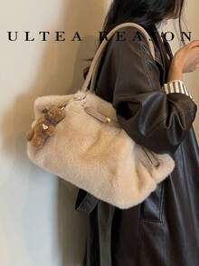 1pc Solid Color Plush New Women's Bag, Shoulder Bag, Tote Bag, Fashion Square Handbag, Suitable For Commuting, Shopping, Dating, Work - Khaki - View 2