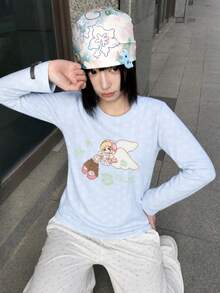 Autumn/Winter New Women's Round Neck All-Over Star Cartoon Angel Print Casual Versatile Cute Loose Long Sleeve T-Shirt Top - Light Blue - View 1