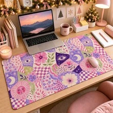 1pc Vintage Celestial Floral Checkered Desk Mat, Multi-Purpose Vanity Table Protector, Nail Art Mat, Large Desktop Mouse Pad For Women Bedroom & Office, S/M/L/XL - View 1