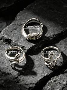 3pcs Minimalist Vintage Personalized Zinc Alloy Snake Open Ring For Men, Suitable For Daily Wear Jewelry Accessory, Holiday Gift Birthday Gift For Friends - Silver - View 6