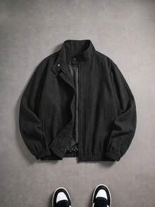 1pc Men's Black Stand Collar Zipper & Snap Button Drop Shoulder Loose Fit Elastic Cuff & Hem Solid Color Street Style Jacket, Suitable For Daily Commute, Outdoor Leisure, Travel - Black - View 5