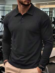 1pc Men's Black Polo Shirt, Turn-Down Collar, Double-Button Half-Placket, Raglan Ribbed Patchwork, Loose Curved Hem, Minimalist Mature Style, Long Sleeve, Suitable For Daily Commute, Street, Casual Outings - Black - View 5