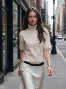 Women Turtleneck Short Sleeve Sweater Knit Top Ribbed Hem Basic Layering Outfits For Fall Winter Daily Commuting Going Out Dating - Apricot - View 3