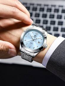 RICECGO 1pc Business Casual Men's Calendar Watch, Stainless Steel Band, Arabic Numerals, Suitable For Anniversary, Birthday, Graduation Gifts - Silver - View 3
