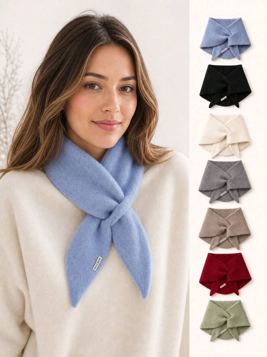 Women's Solid Color Triangle Neck Scarf, Cross-Style Winter Warm Neck Accessory, Autumn Decorative Deep Winter Clothing Accessory, Suitable For Commuting, Work, Campus And Various Occasions, Back To School Season, Ideal Gift For Family, Friends, Mother, Christmas Gift - A - View 1