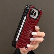 Luxury Classics Dark Red Crocodile Pattern Phone Case With Protable Strap Compatible With IPhone Duo Fold Ultra 18 Fold Case Anti-Drop Back Cover - Burgundy - View 5