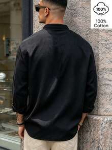 WAIT HIM 100% Cotton Men's Casual Solid Color Henley Collar Long Sleeve Shirt - Black - View 8