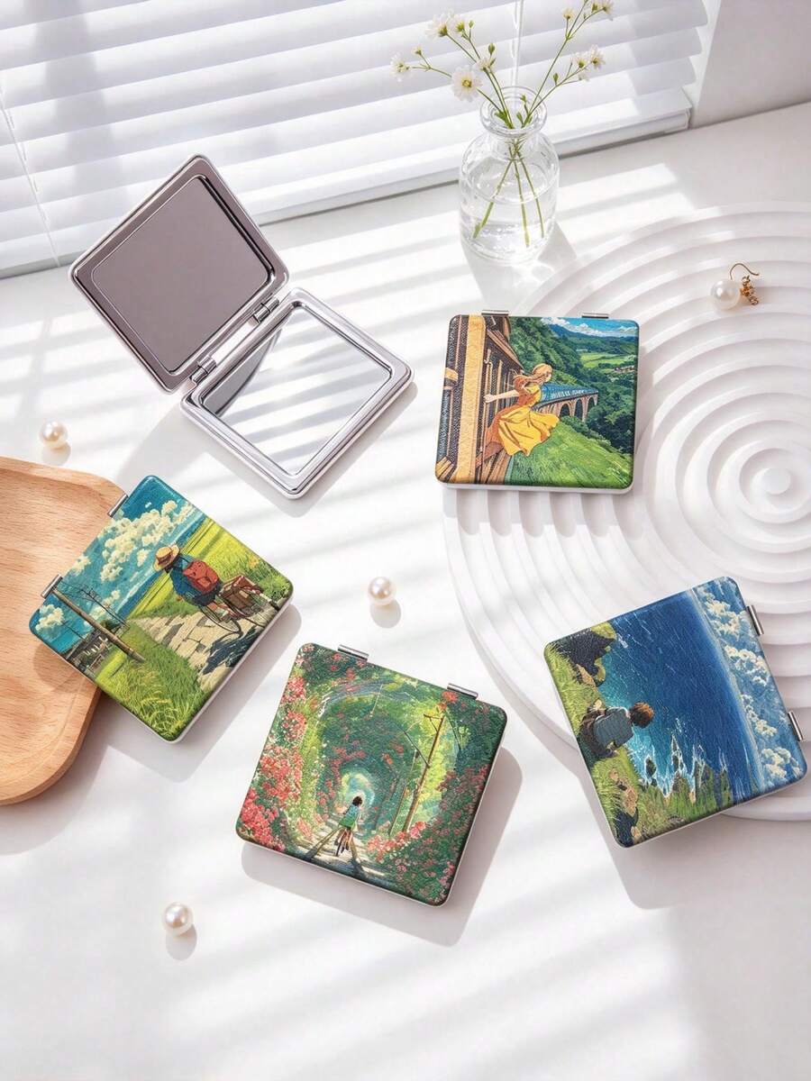1PC Ins Anime Series Portable Vanity Mirror, Foldable Lightweight Ultra-Thin Convenient Hand Mirror, PU Leather, Suitable For Multiple Scenarios And All People, Foldable Small Square Mirror, Pocket Mirror, Fresh Sky Portrait Rice Field Ditsy Floral Printed Pattern Design, Exquisite Handheld 180° Flip Cover Multifunctional Mini Mirror - Multicolor - View 1