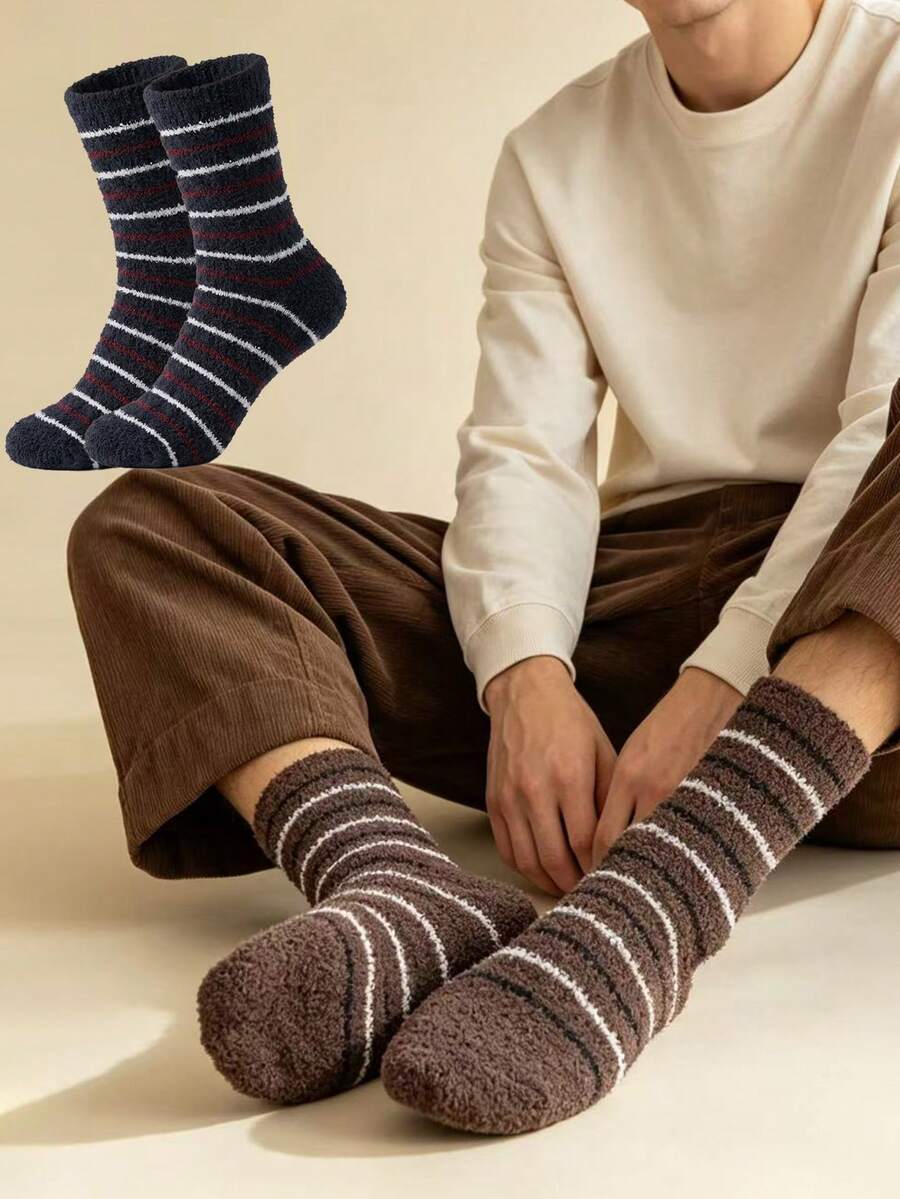 3/5 Pairs Men's Comfortable Black Striped Socks, Solid Color Warm Soft Fleece Mid-Calf Socks, Suitable For Winter - Multicolor - View 1
