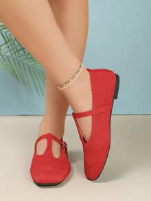 Women's Mesh Mary Jane Flat Shoes, Square Toe Hollow Breathable Buckle Strap Vintage Commute Loafers - Red - View 5