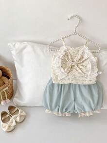 Summer New Children's Clothing, Girls' Outfit, Big Bow Print Camisole Top + Floral Bud Shorts 2-Piece Set, New Style - Baby Blue - View 2