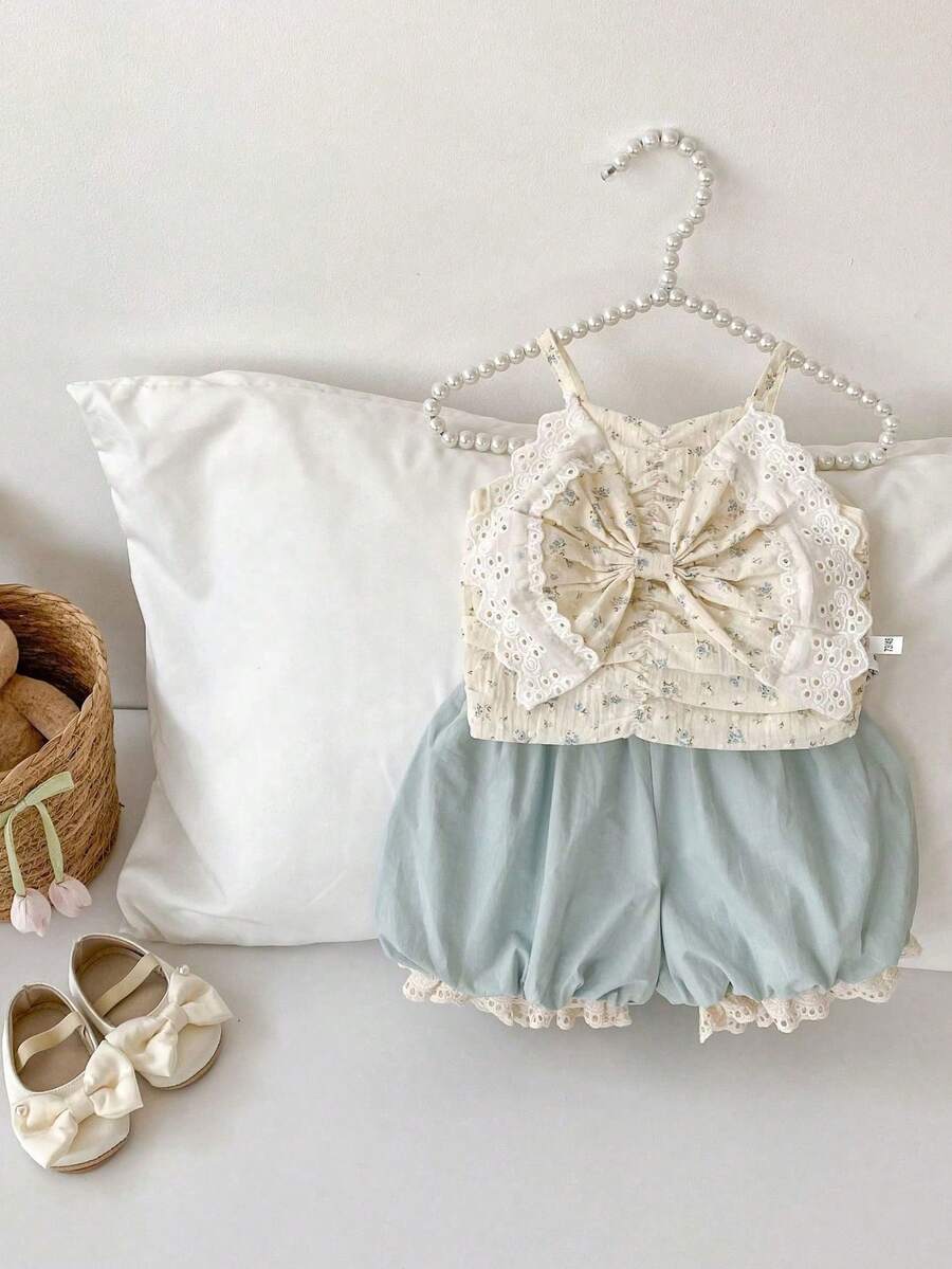 Summer New Children's Clothing, Girls' Outfit, Big Bow Print Camisole Top + Floral Bud Shorts 2-Piece Set, New Style