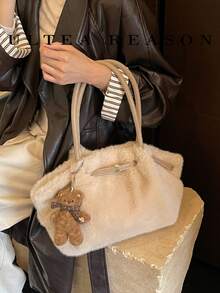 1pc Solid Color Plush New Women's Bag, Shoulder Bag, Tote Bag, Fashion Square Handbag, Suitable For Commuting, Shopping, Dating, Work - Khaki - View 3