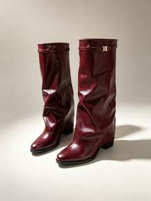 Women's Burgundy Ruched High Shaft Boots Vintage Metal Buckle Pointed Toe Chunky Heel Western Style Slimming Tall Boots - Burgundy - View 2