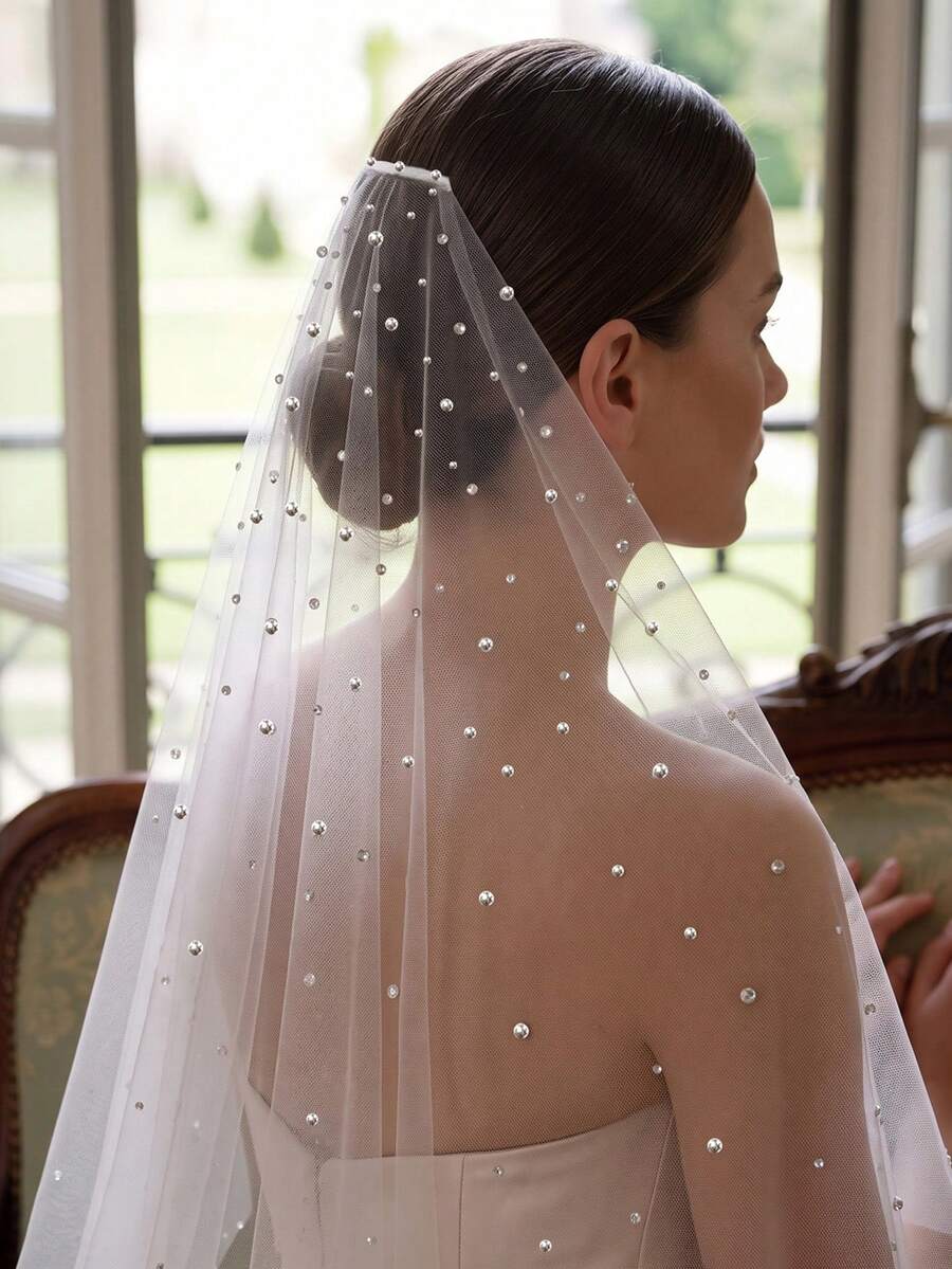 1pc Vintage Rhinestone Single Layer Bridal Veil, Fingertip Length, Suitable For Bachelorette Party, Wedding And Elopement Photoshoot