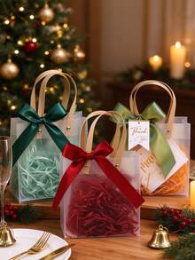 6pcs/Set Frosted Christmas Gift Bags For Parties – Reusable Tote Bags With Handles And Ribbon Bows; Suitable For Weddings, Baby Showers, And Holiday Gifts; Transparent Gift Bags - Multicolor - View 2