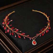 1pc Ruby Red Crystal & Rhinestone Pendant Headband Gold Wire Princess Tiara Crown Bridal Wedding Party Hair Accessories - Red - View 9