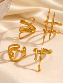 4pcs/Set Women's Gold Minimalist Geometric Open Rings, Asymmetrical Unique Design, Suitable For Daily Wear And Party - Gold - View 1