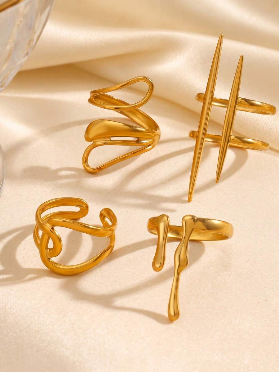 4pcs/Set Women's Gold Minimalist Geometric Open Rings, Asymmetrical Unique Design, Suitable For Daily Wear And Party - Gold - View 1