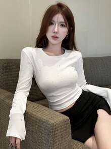 Women's Solid Color Rhinestone Embellished Round Neck Long Sleeve Fitted Short Casual Top White - White - View 3