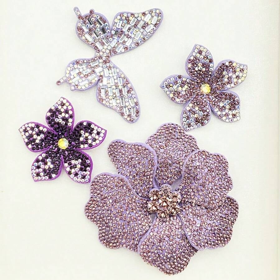 4pcs Purple Rhinestone Flower & Butterfly Handmade Sew-On Appliques For Clothing, Shoes, Hats, Bags Decoration - Multicolor - View 1