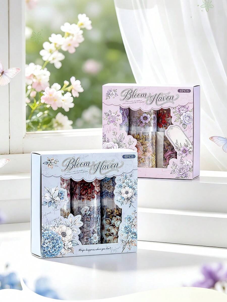 6rolls Transparent PET Washi Tape, Vintage Flower Pattern Decorative Sticker, Great For Hand Journal Collages, Diary Decoration, Gift Box Embellishment And Greeting Card Crafts - Tape - View 1