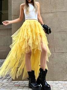 Asymmetrical Flowy White Ethereal Skirt Women 2026 Spring/Summer New High-End Vacation Style Elegant Long Skirt - Yellow - View 1