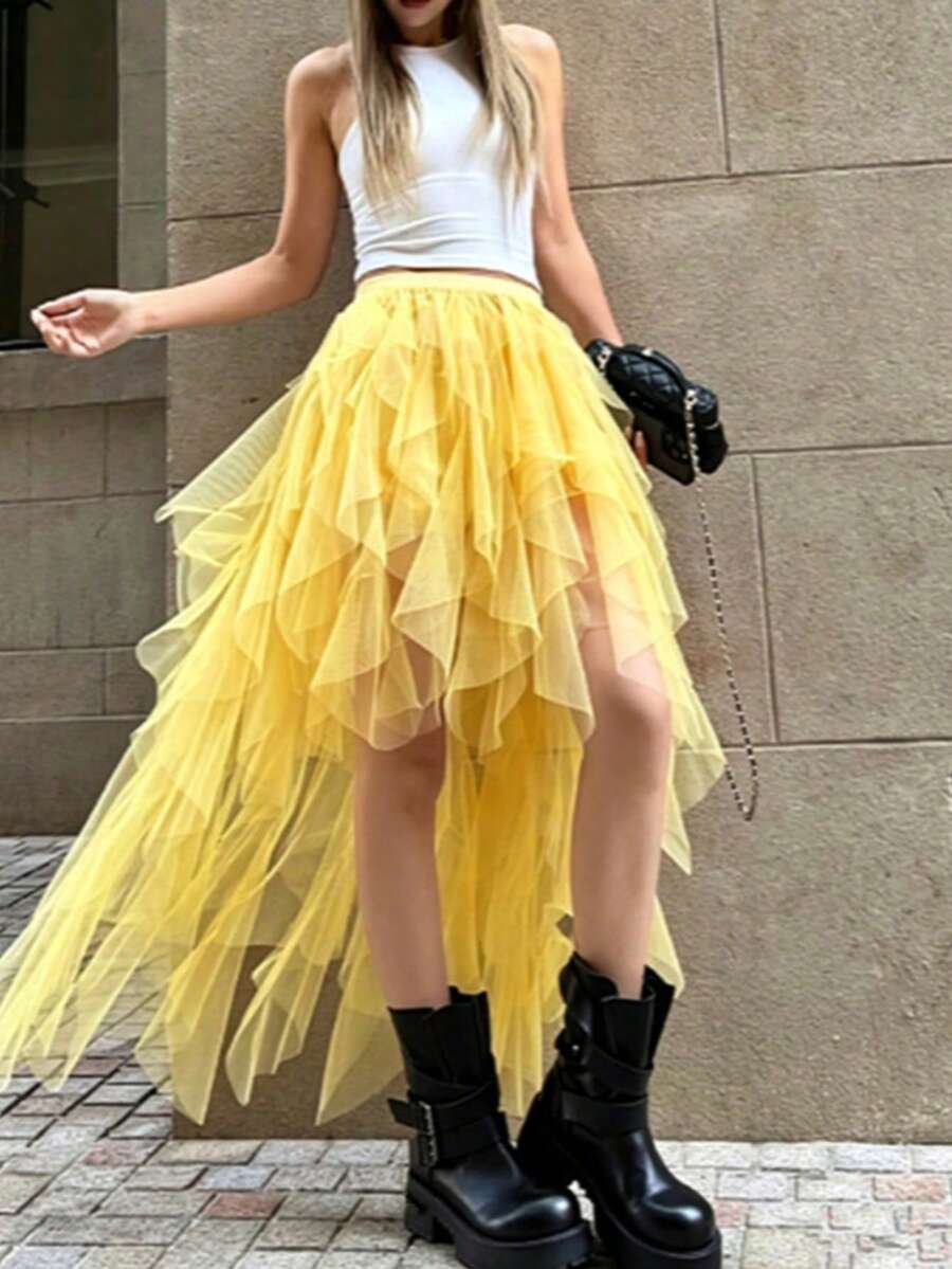Asymmetrical Flowy White Ethereal Skirt Women 2026 Spring/Summer New High-End Vacation Style Elegant Long Skirt - Yellow - View 1
