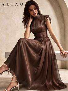 ALIAO Spring/Summer Semi-High Neck Ruffle Pleated Soft Draping, Romantic Gentle Elegant Style, Wedding Season Date Daily Commute, Women's Mid-Length Dress, Ruffle Dress, Elegant Daily Dress, Wedding Guest Dress - Brown - View 2