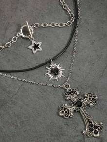 3件組復古哥德龐克水鑽星星愛心十字架疊戴項鍊套組，3層鎖骨鏈，Y2K歐美波希米亞風女款項鍊 - 黑色 - 查看 5