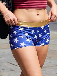 Women's Star Print Shorts, Gold Waistband Mid Rise Booty Shorts For Halloween Party - Blue - View 6