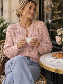 Áo cardigan len dệt jacquard ngắn nữ màu hồng nhạt, cổ tròn, đục lỗ, cài nút đơn, phong cách Pháp thanh lịch nhẹ nhàng, phù hợp mặc trong/ngoài cho mùa xuân/thu, đi hẹn hò, đi làm - Hồng - Xem 4