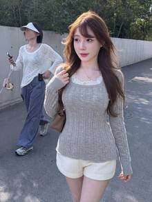 Women's Ribbed Knit Pullover Sweater, Contrast Color Lace Square Neck Long Sleeve, Autumn/Winter Essential - Gray - View 3