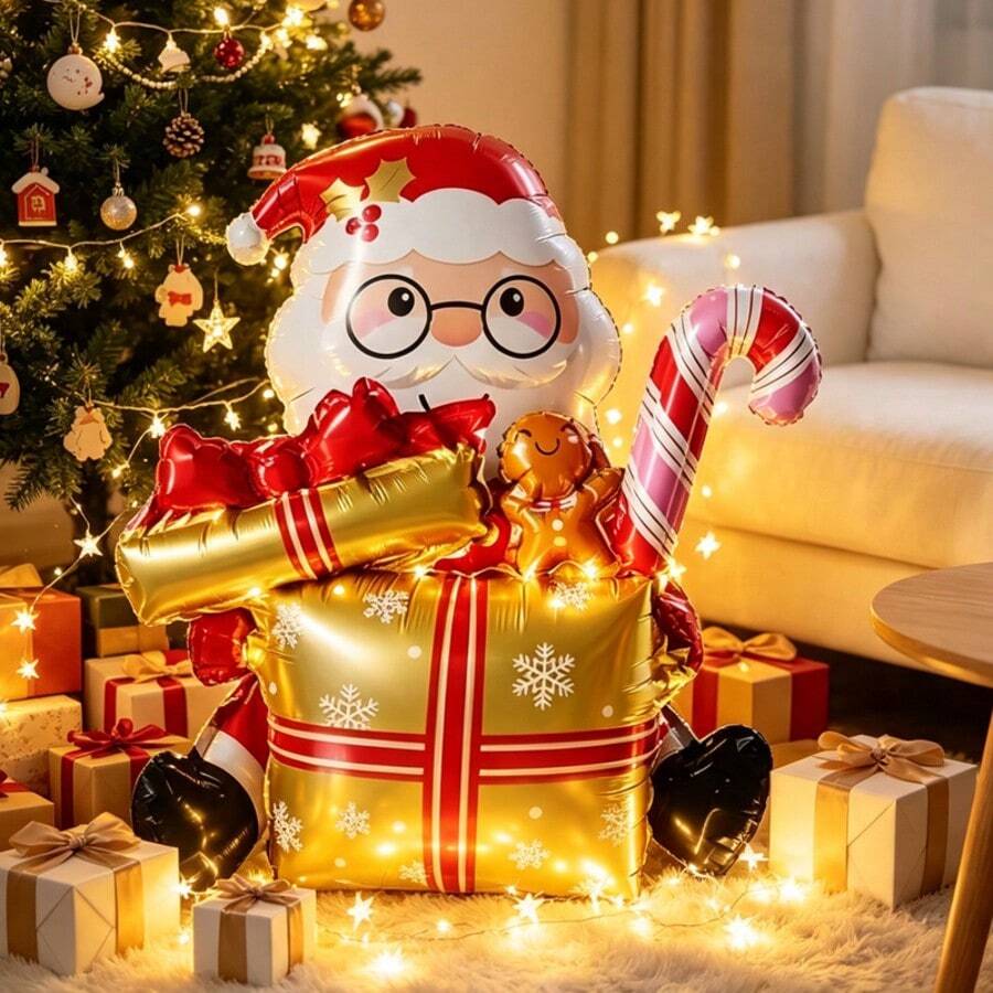1pc Christmas Santa Claus Aluminum Foil Balloon Gift Box, Gold Gift Box With Gingerbread Man And Candy Cane Design, Suitable For Store Window Display, Christmas Party Decoration, Holiday Photo Spot, Rich Christmas Elements To Create Warm Atmosphere For Photography - Gold Christmas Gift Box for Seniors - View 1