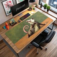 Funny Opossum Illustration Extended Mouse Pad, Laughing Possum On Olive Green Retro Background Large Desk Mat, Stitched Edge Smooth Cloth & Natural Rubber For Office Gaming Home Study Workspace, 3 Sizes Available - View 1
