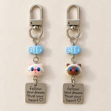 1pc/2pcs Unisex Cute Cartoon Cat Head Resin Pendant, Blue Fish Bead Accessory, English Letter Pendant Keychain, Couple Bag Charm, Luggage Accessory - Multicolor - View 1