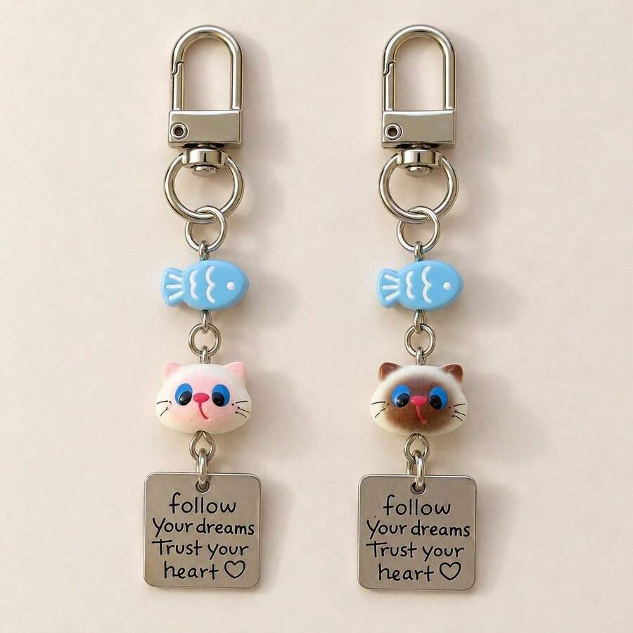 1pc/2pcs Unisex Cute Cartoon Cat Head Resin Pendant, Blue Fish Bead Accessory, English Letter Pendant Keychain, Couple Bag Charm, Luggage Accessory - Multicolor - View 1